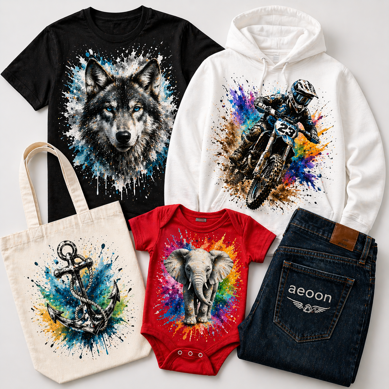 Sample prints: bag, shirt, hoody, baby body, jeans