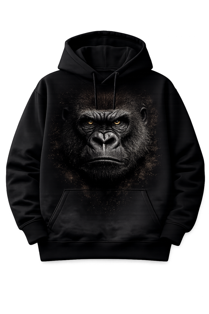 Black hoodie with dtg printed gorilla face design