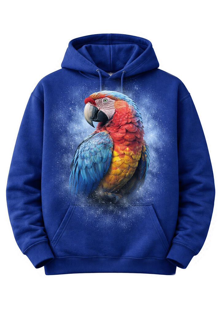 Blue hoodie with dtg printed colorful parrot design