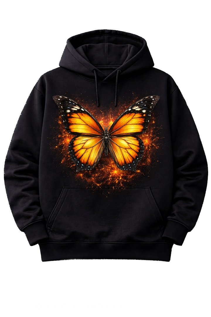 Black hoodie with dtg printed glowing butterfly design