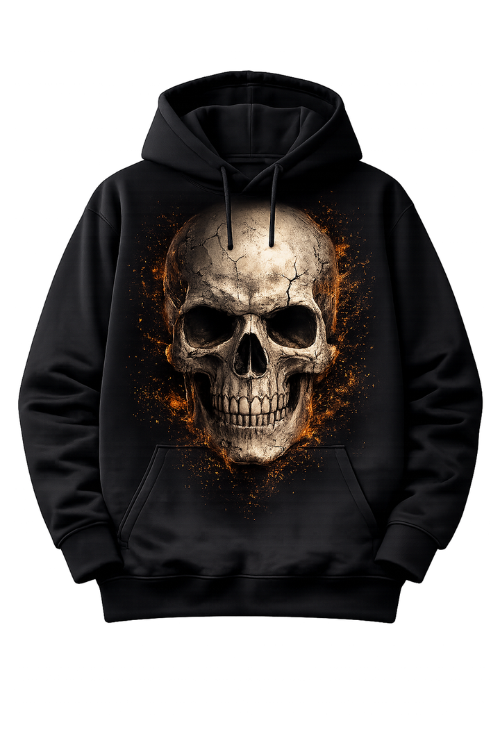 Black hoodie with dtg printed skull artwork on front