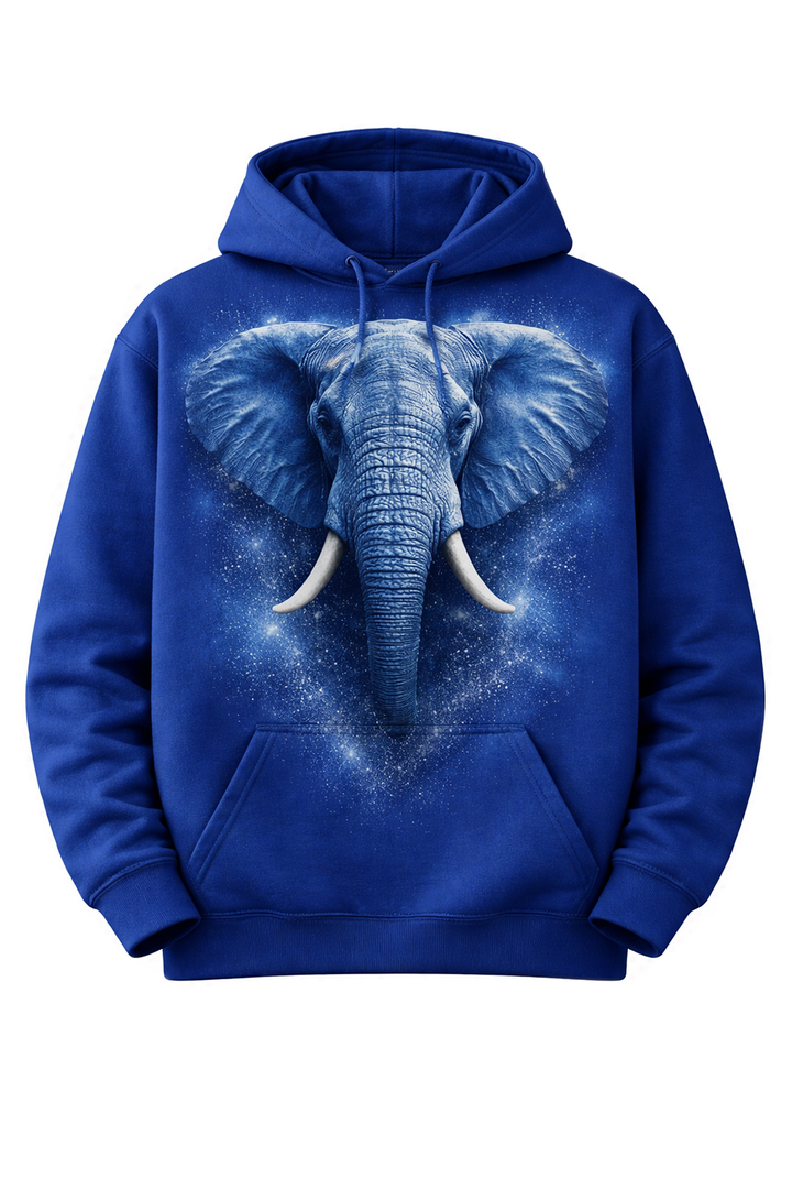 Blue hoodie with dtg printed elephant portrait design