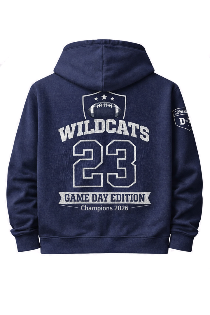 Navy hoodie with dtg printed wildcats football team design on back