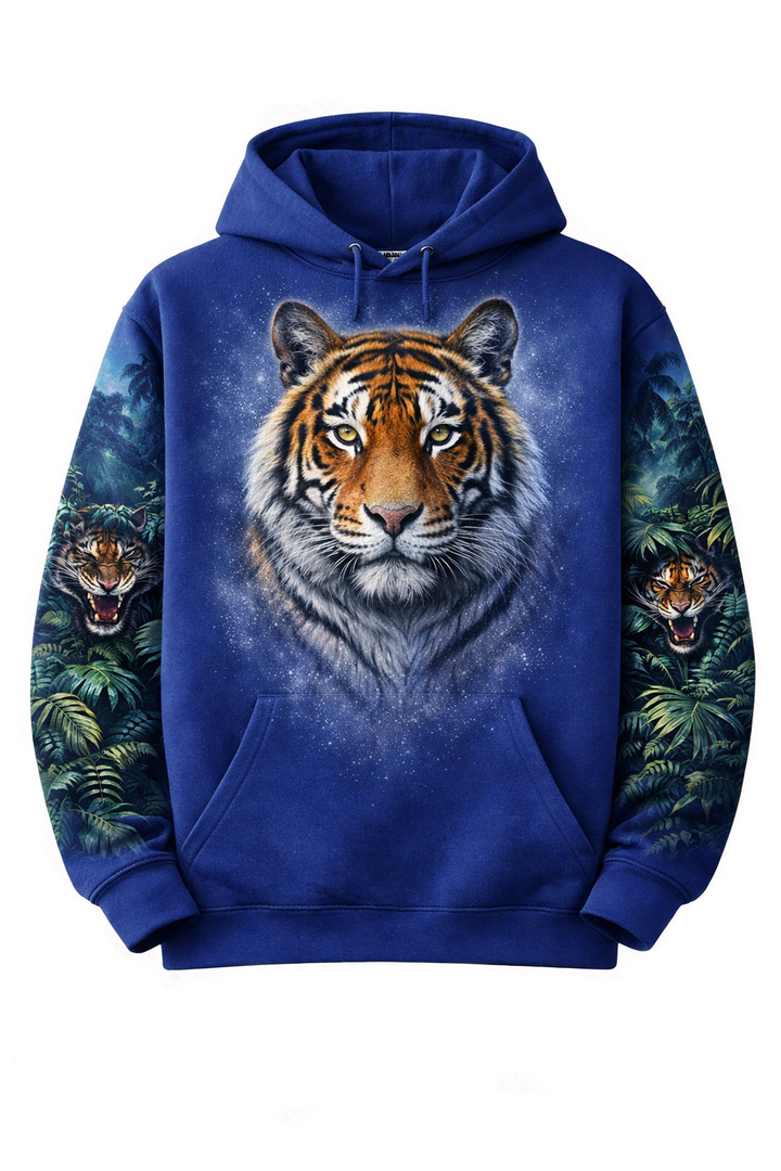 Blue hoodie with dtg printed tiger design and detailed sleeves
