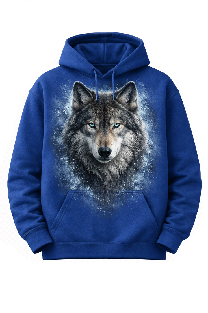 Blue hoodie with dtg printed wolf portrait design