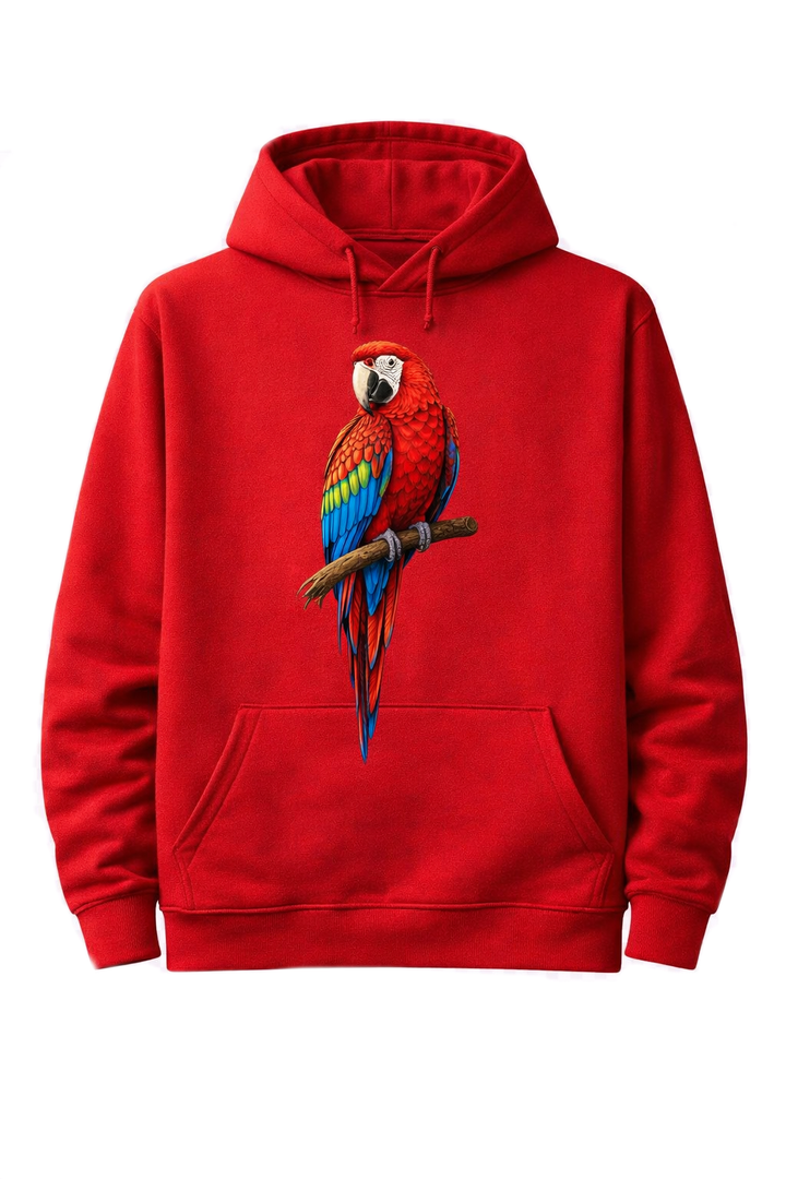 Red hoodie with dtg printed colorful parrot artwork
