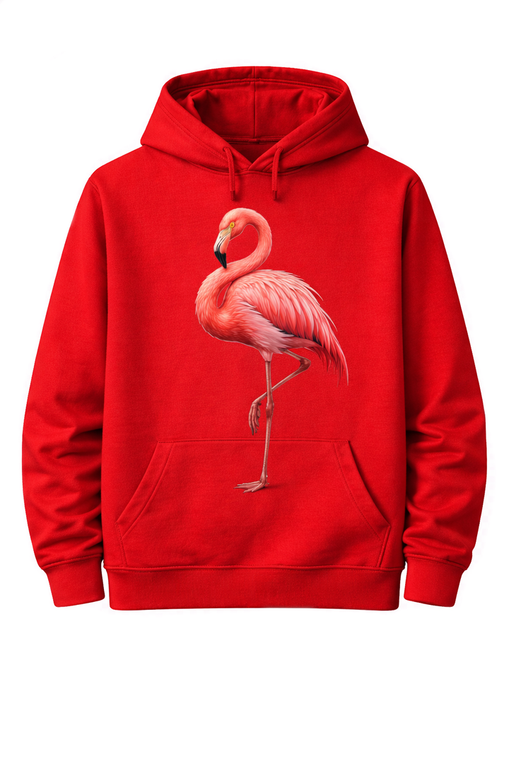 Red hoodie with dtg printed flamingo design on front