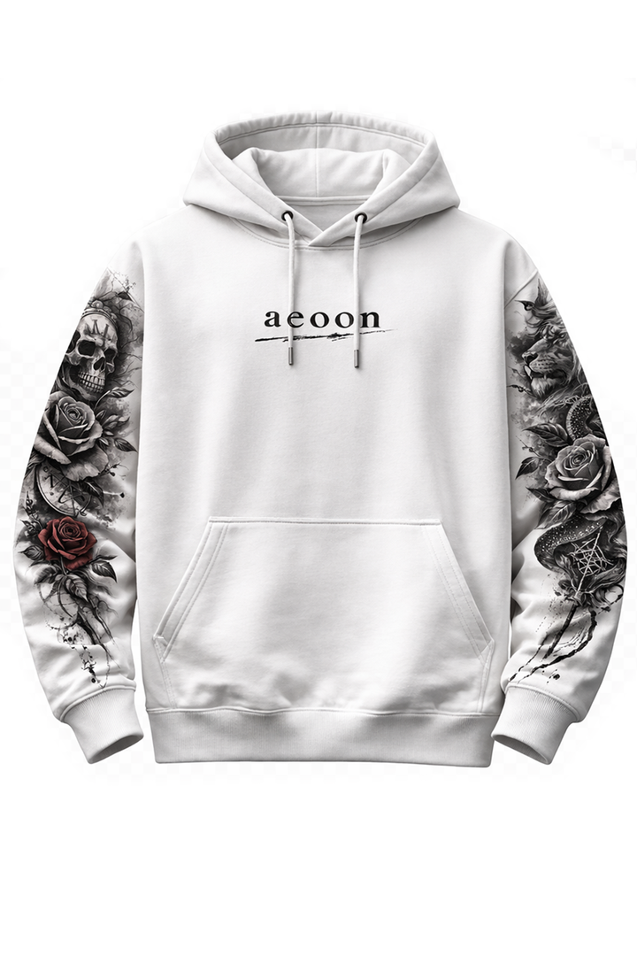 White hoodie with dtg printed floral sleeve design in black and grey