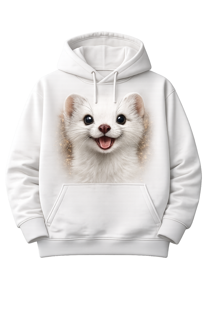 White hoodie with dtg printed animal portrait design on front