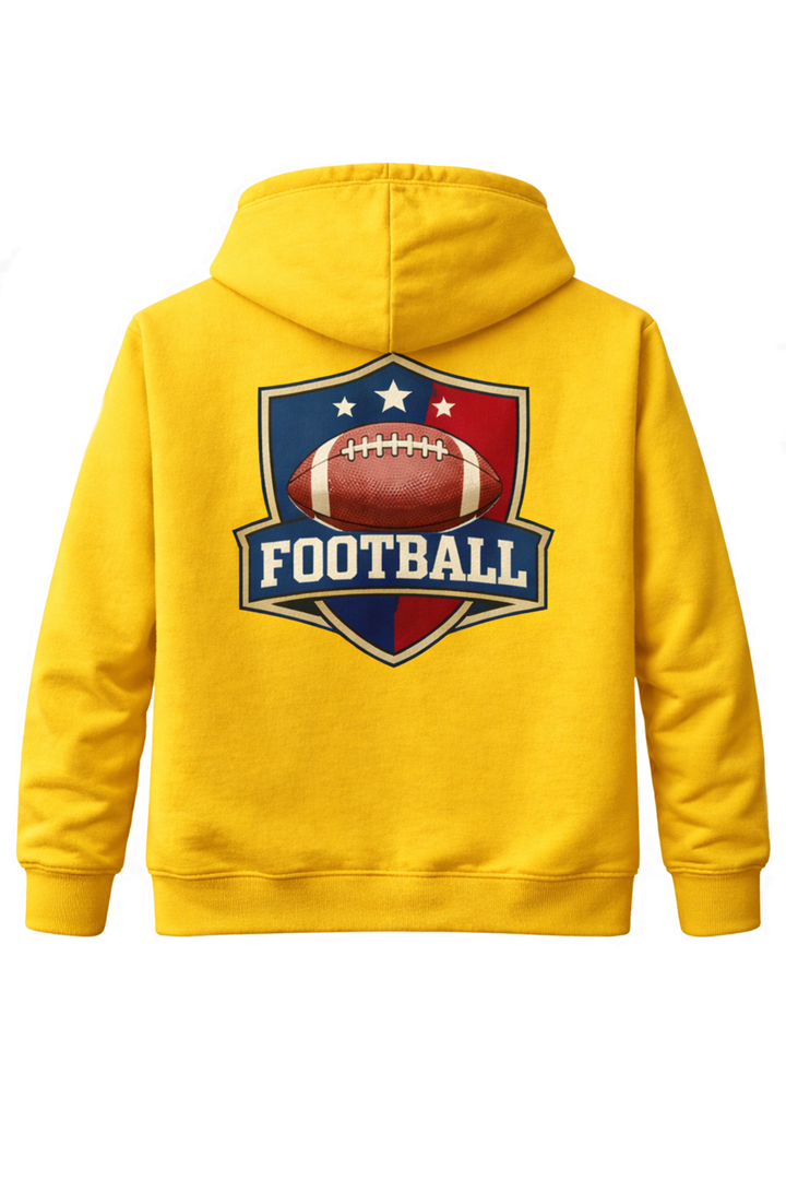 Yellow hoodie with dtg printed football logo design on back