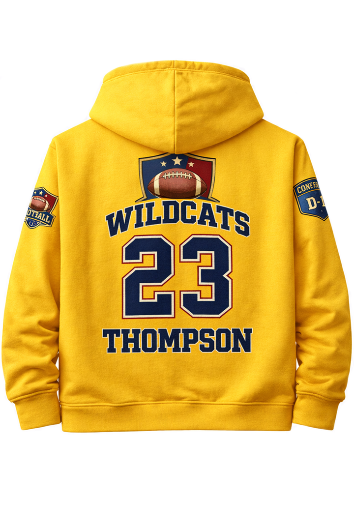 Yellow hoodie with dtg printed football team back design
