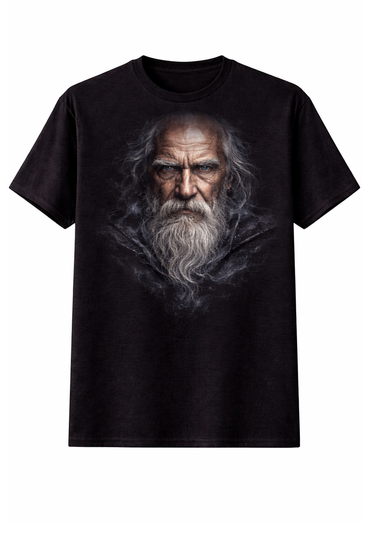Black t-shirt with dtg printed old man portrait design