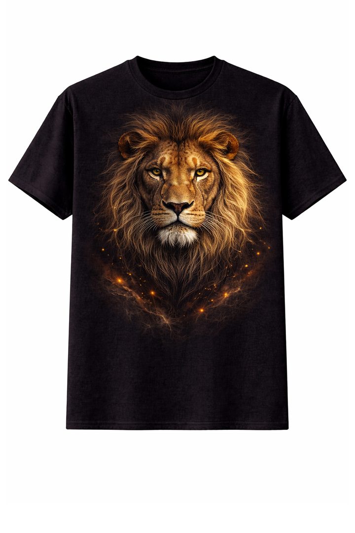 Black t-shirt with dtg printed lion portrait design