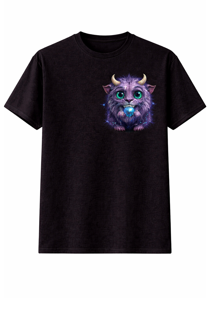 Black t-shirt with dtg printed colorful fantasy creature design
