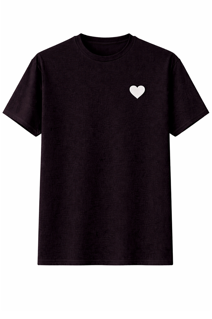 Black t-shirt with dtg printed small heart design