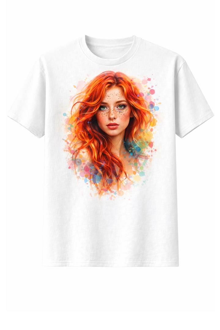 White t-shirt with dtg printed female portrait illustration