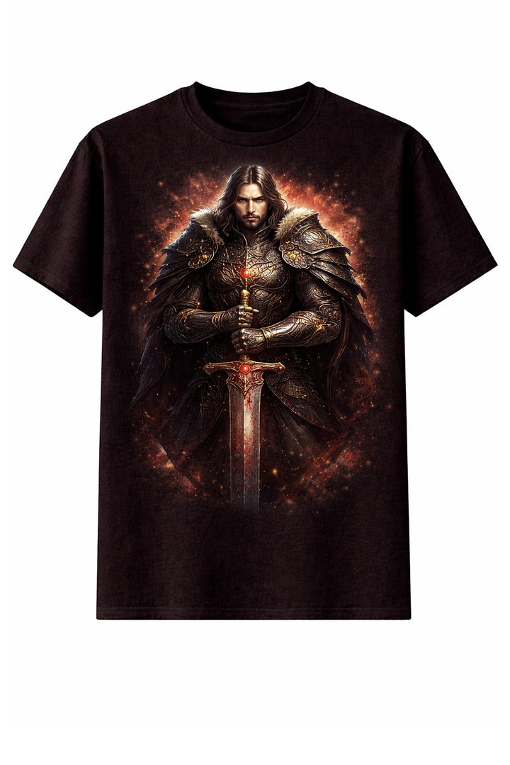 Dark t-shirt with dtg printed warrior illustration design