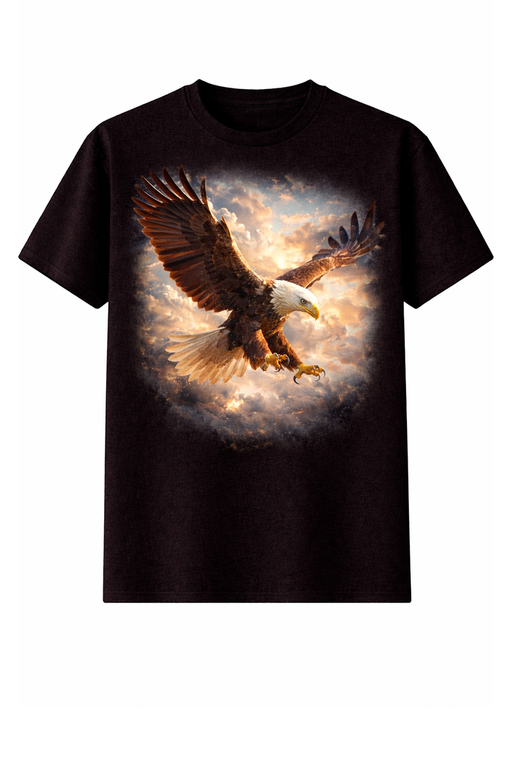 Black t-shirt with dtg printed eagle in flight design