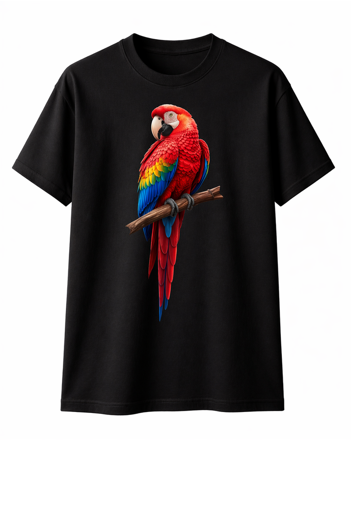 Black t-shirt with dtg printed colorful parrot design