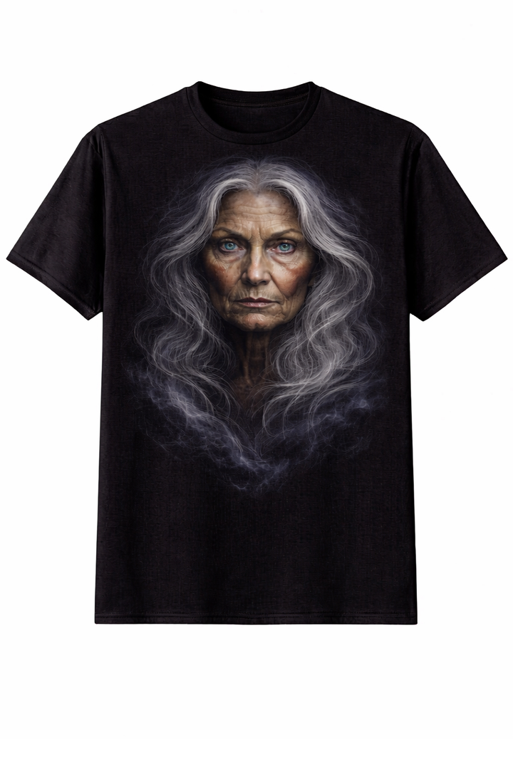 Black t-shirt with dtg printed female portrait design