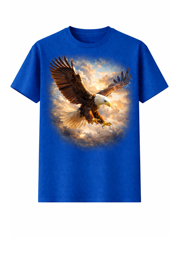Blue t-shirt with dtg printed eagle in flight design