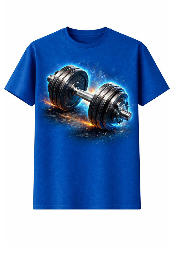 Blue t-shirt with dtg printed dumbbell fitness design