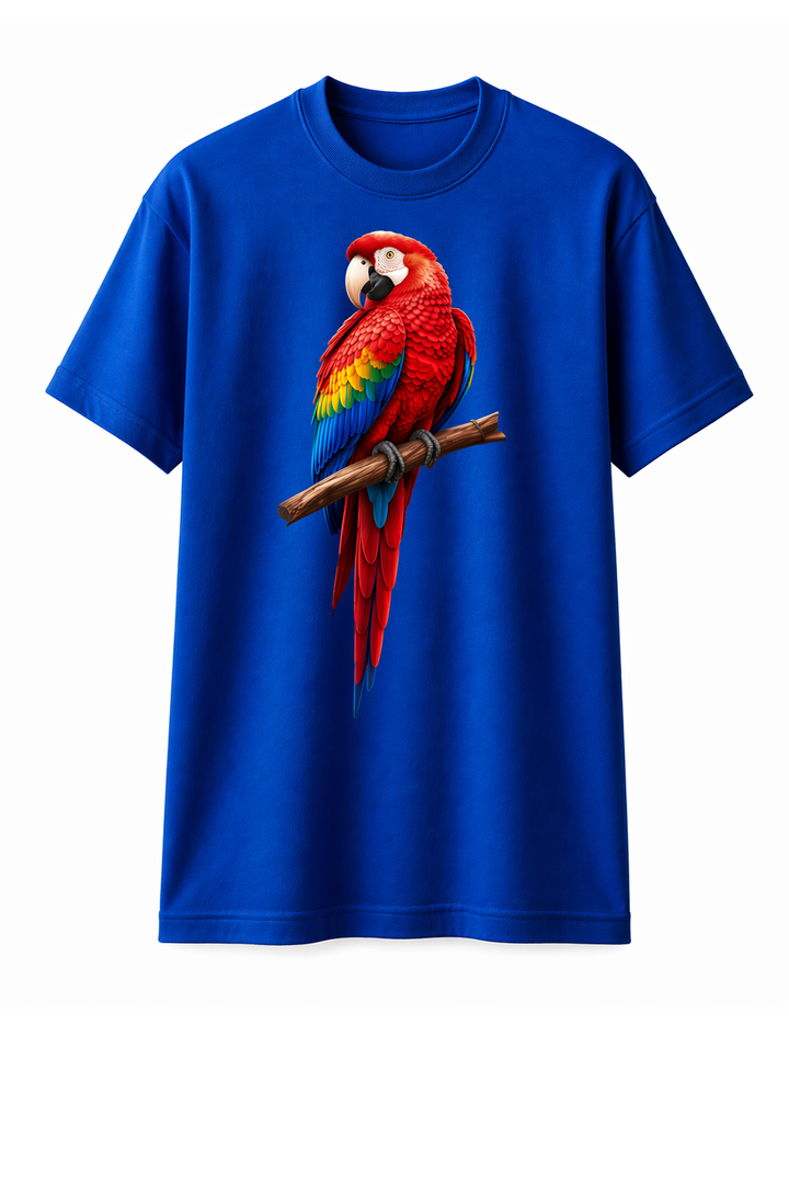 Blue t-shirt with dtg printed colorful parrot artwork