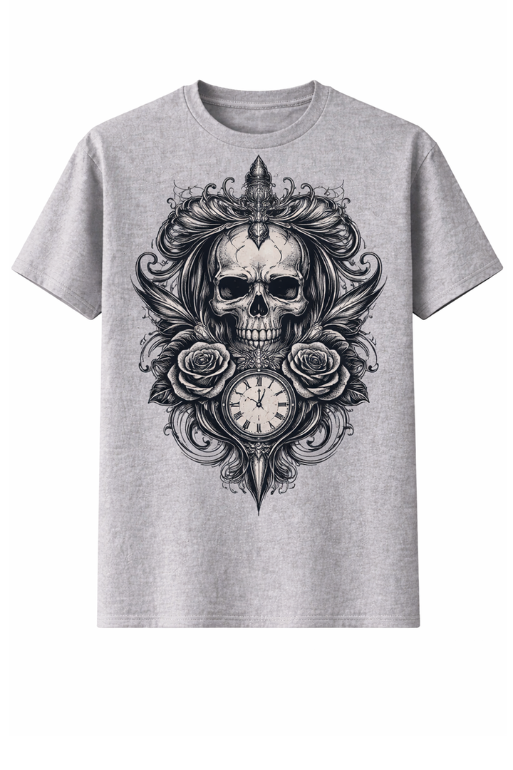 Grey t-shirt with dtg printed skull and ornamental design