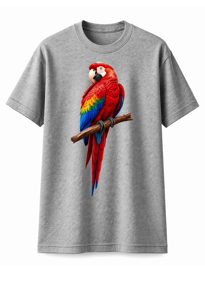 Grey t-shirt with dtg printed colorful parrot design
