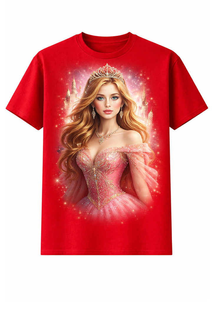 Red t-shirt with dtg printed princess portrait design