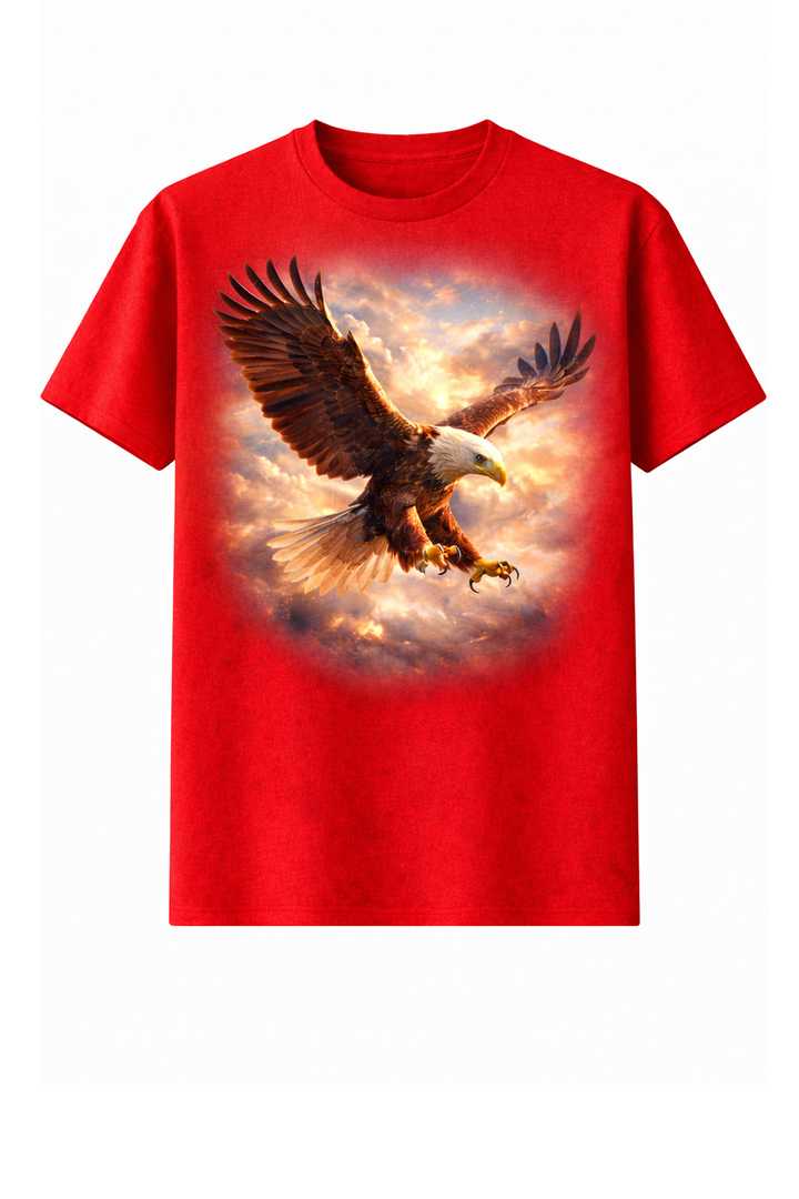Red t-shirt with dtg printed eagle in flight design
