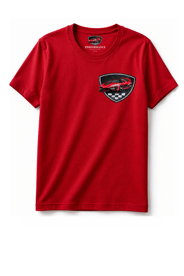 Red t-shirt with dtg printed car logo design on chest