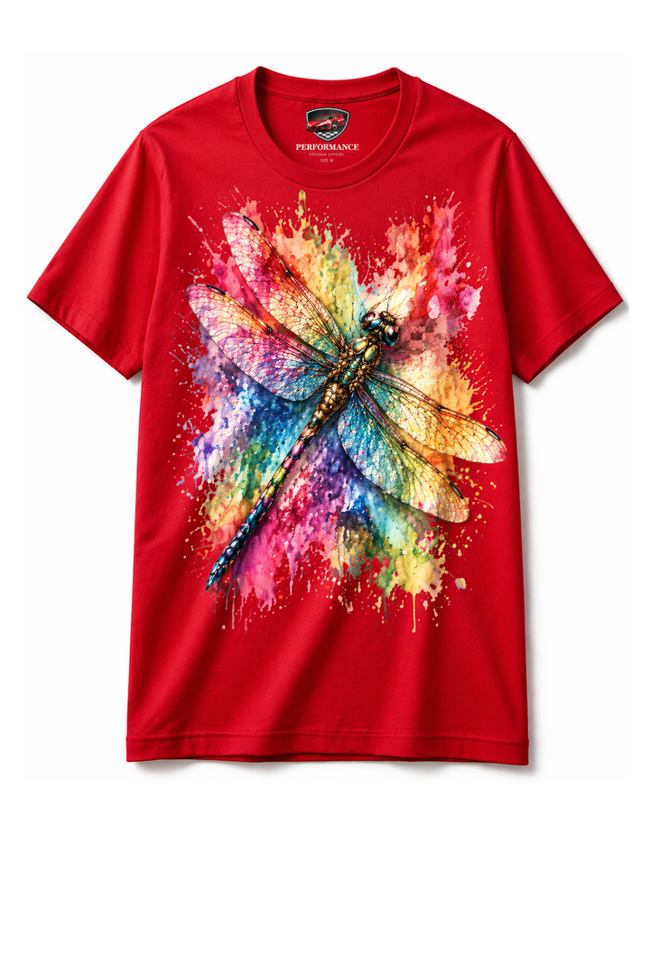 Red t-shirt with dtg printed colorful dragonfly artwork