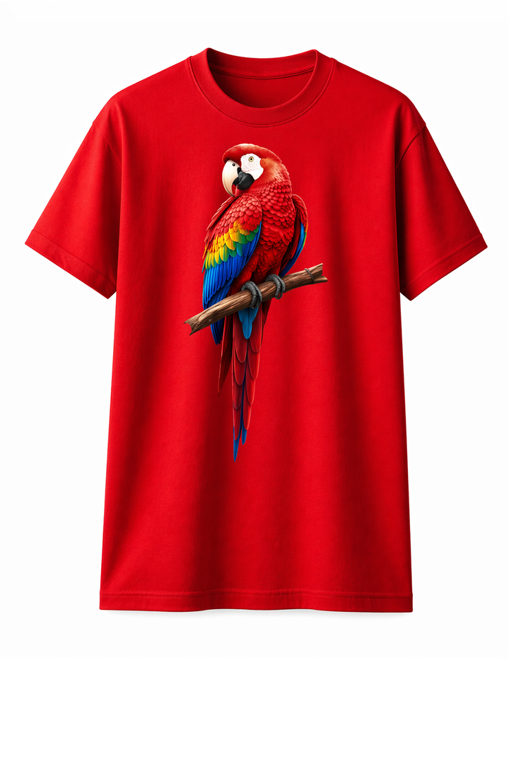 Red t-shirt with dtg printed colorful parrot design