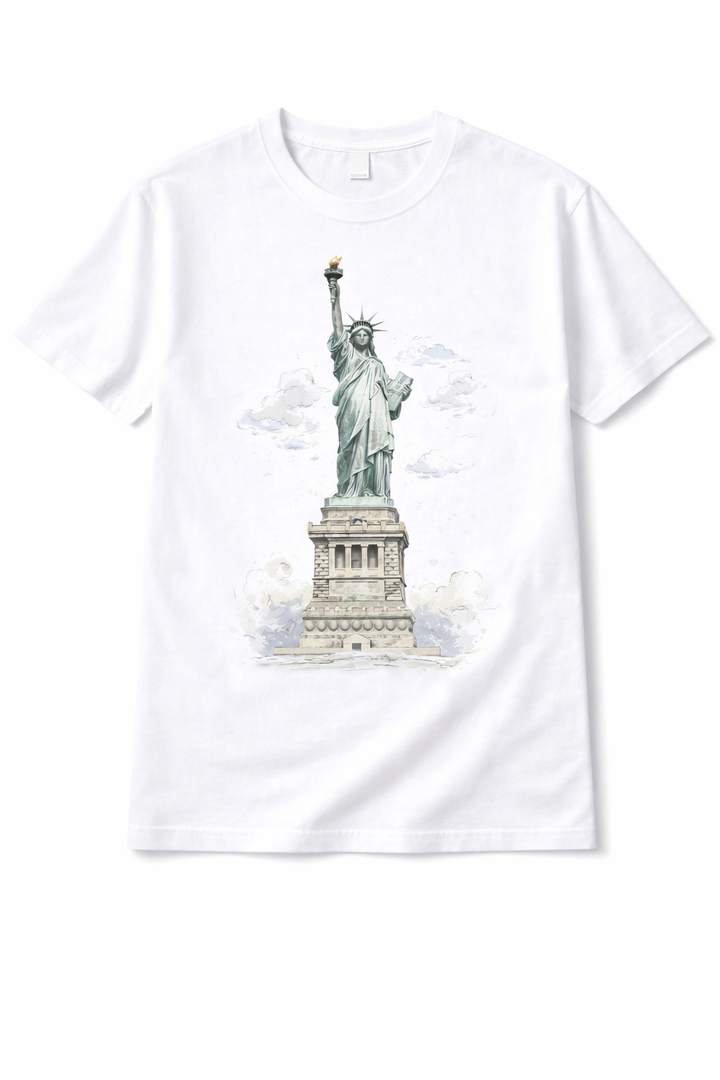 White t-shirt with dtg printed Statue of Liberty illustration