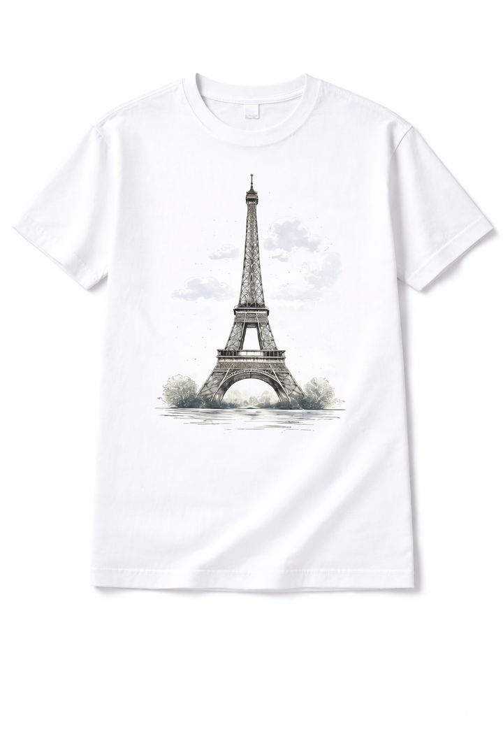 White t-shirt with dtg printed Eiffel Tower design