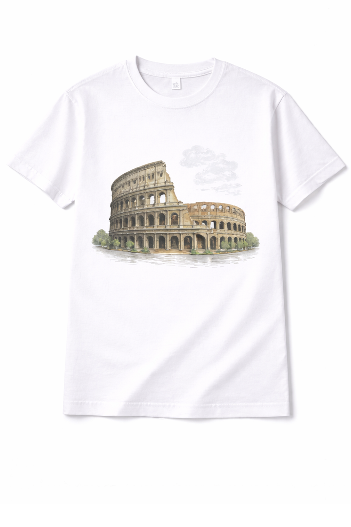 White t-shirt with dtg printed Colosseum illustration