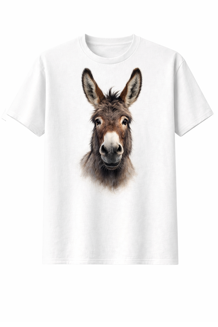White t-shirt with dtg printed donkey portrait design
