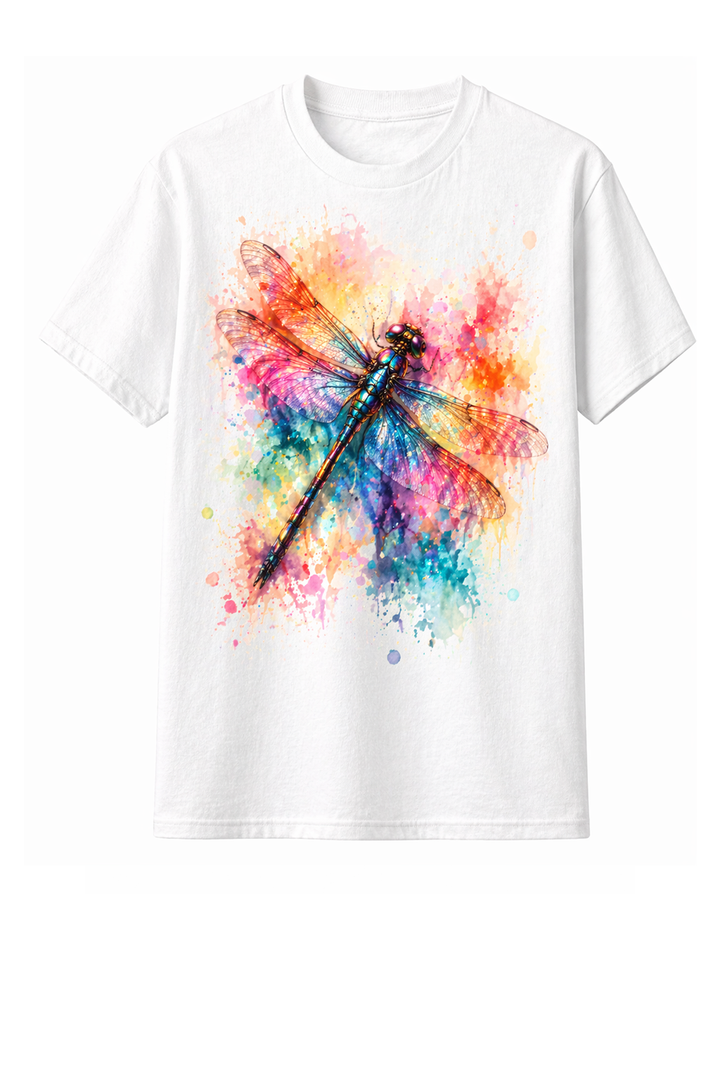 White t-shirt with dtg printed colorful dragonfly artwork