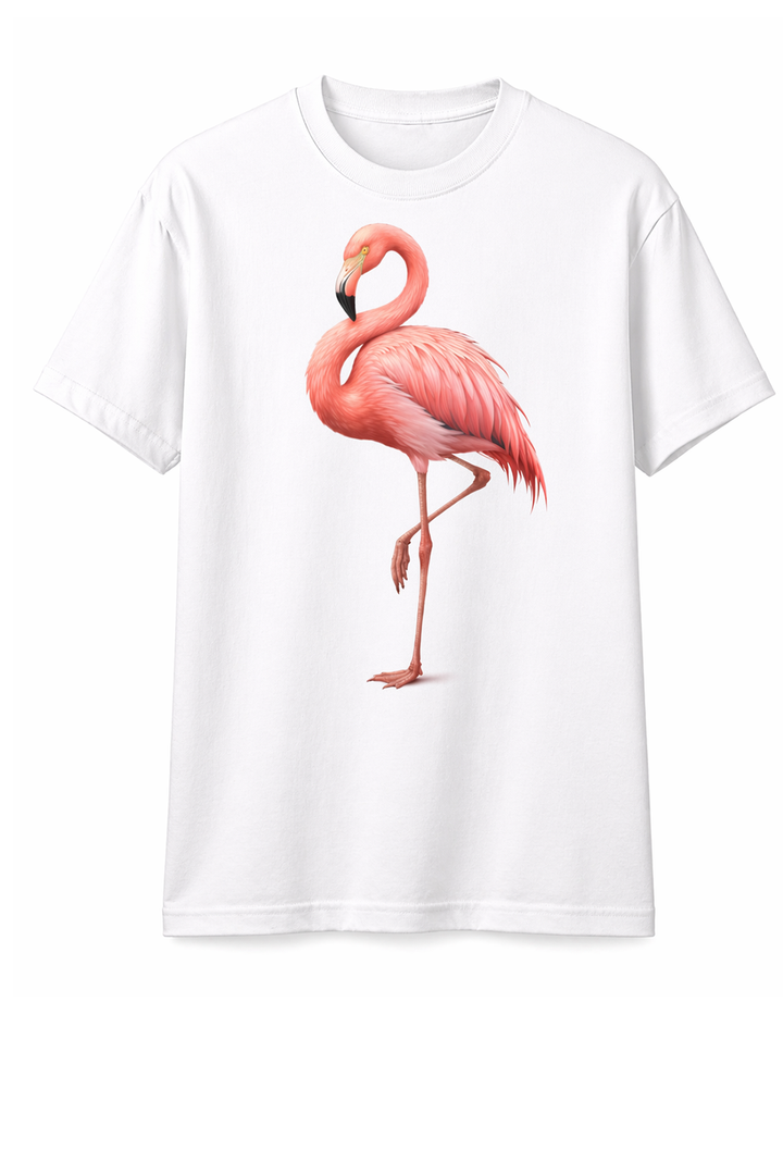 White t-shirt with dtg printed flamingo design