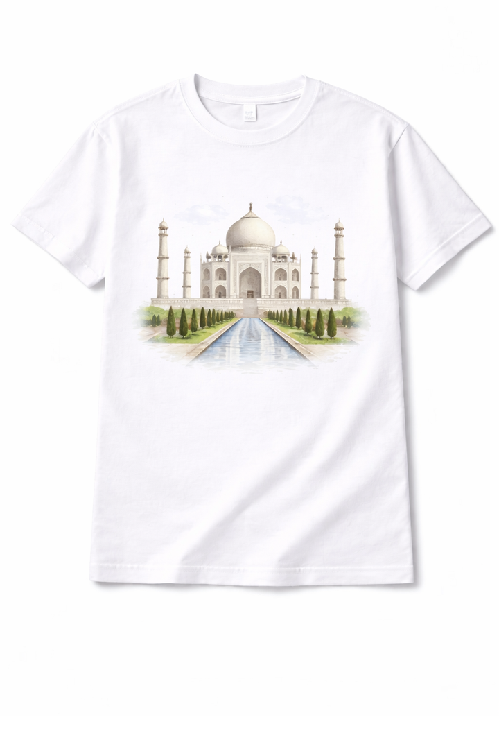 White t-shirt with dtg printed Taj Mahal illustration