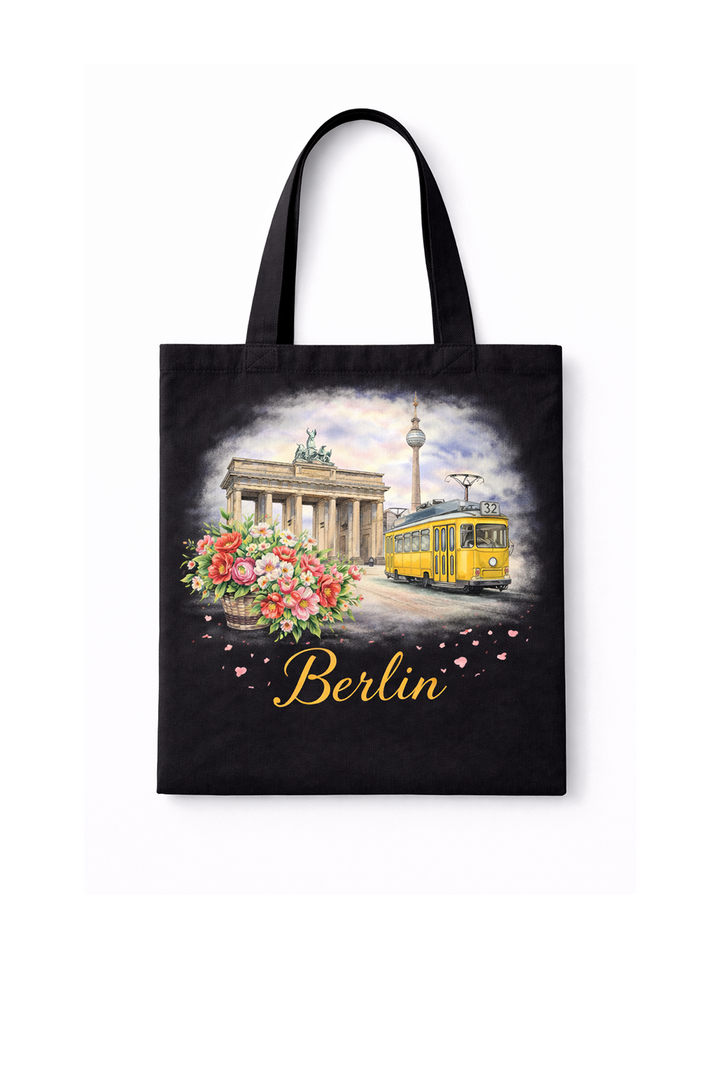 Black tote bag with dtg printed Berlin illustration design