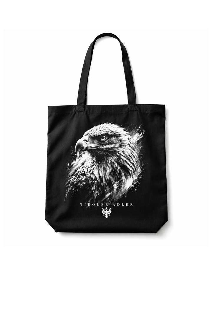 Black tote bag with dtg printed eagle logo design