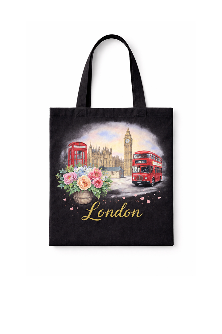 Black tote bag with dtg printed London illustration design