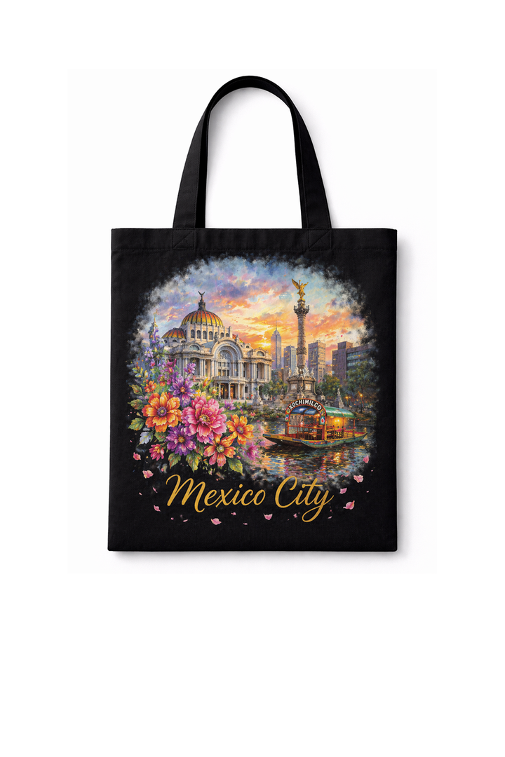 Black tote bag with dtg printed Mexico City artwork