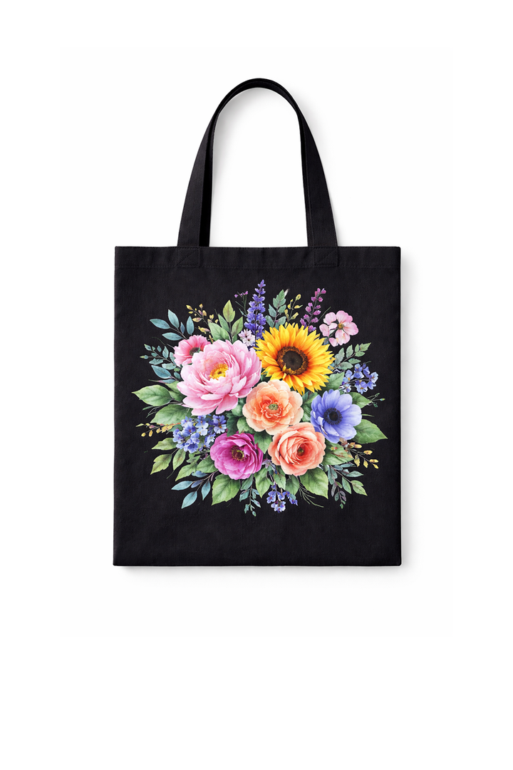 Black tote bag with dtg printed floral design