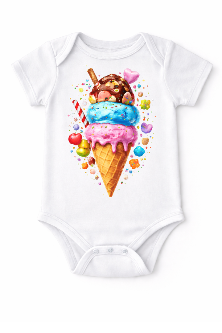 White baby bodysuit with dtg printed ice cream illustration