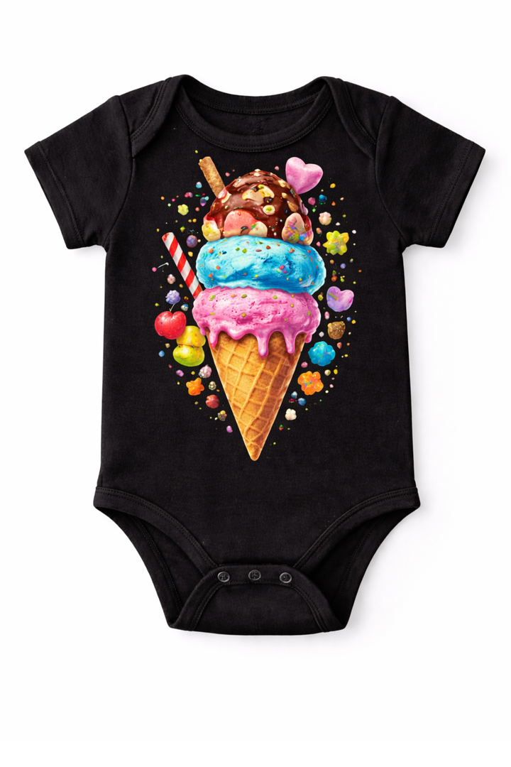 Black baby bodysuit with dtg printed colorful ice cream design