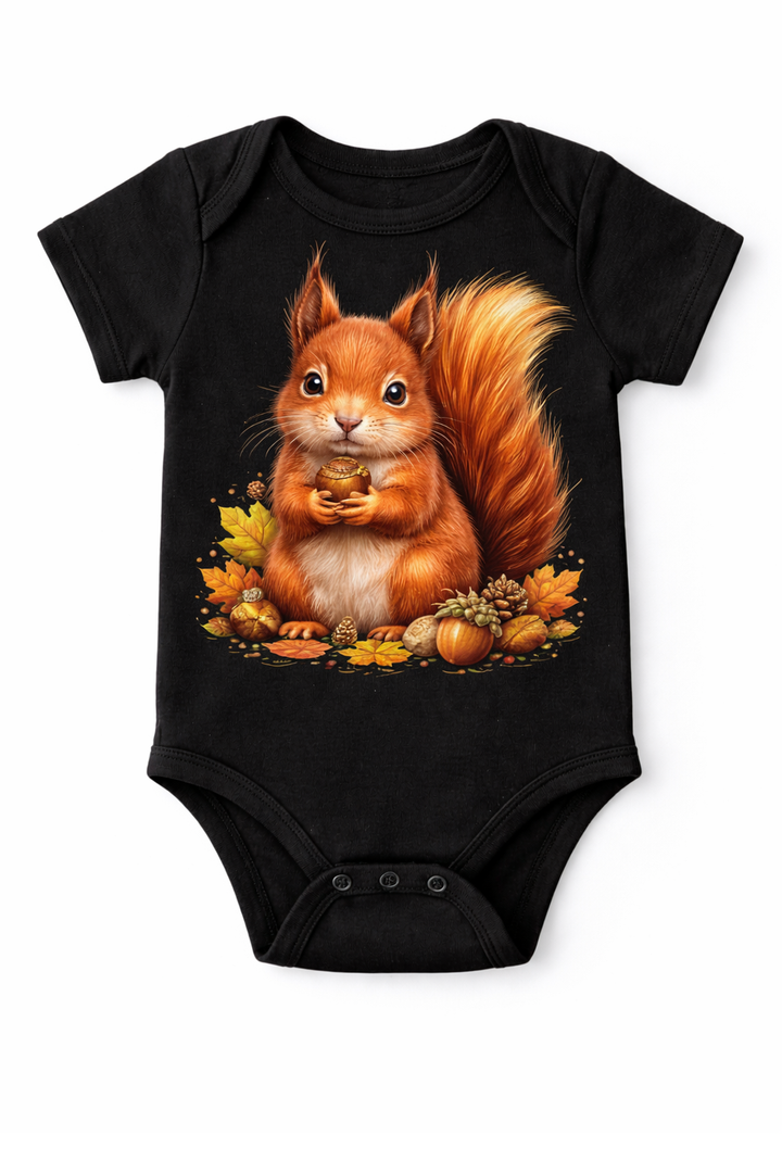 Black baby bodysuit with dtg printed squirrel illustration