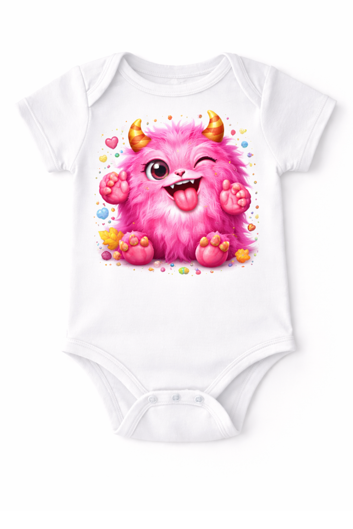 White baby bodysuit with dtg printed colorful monster design